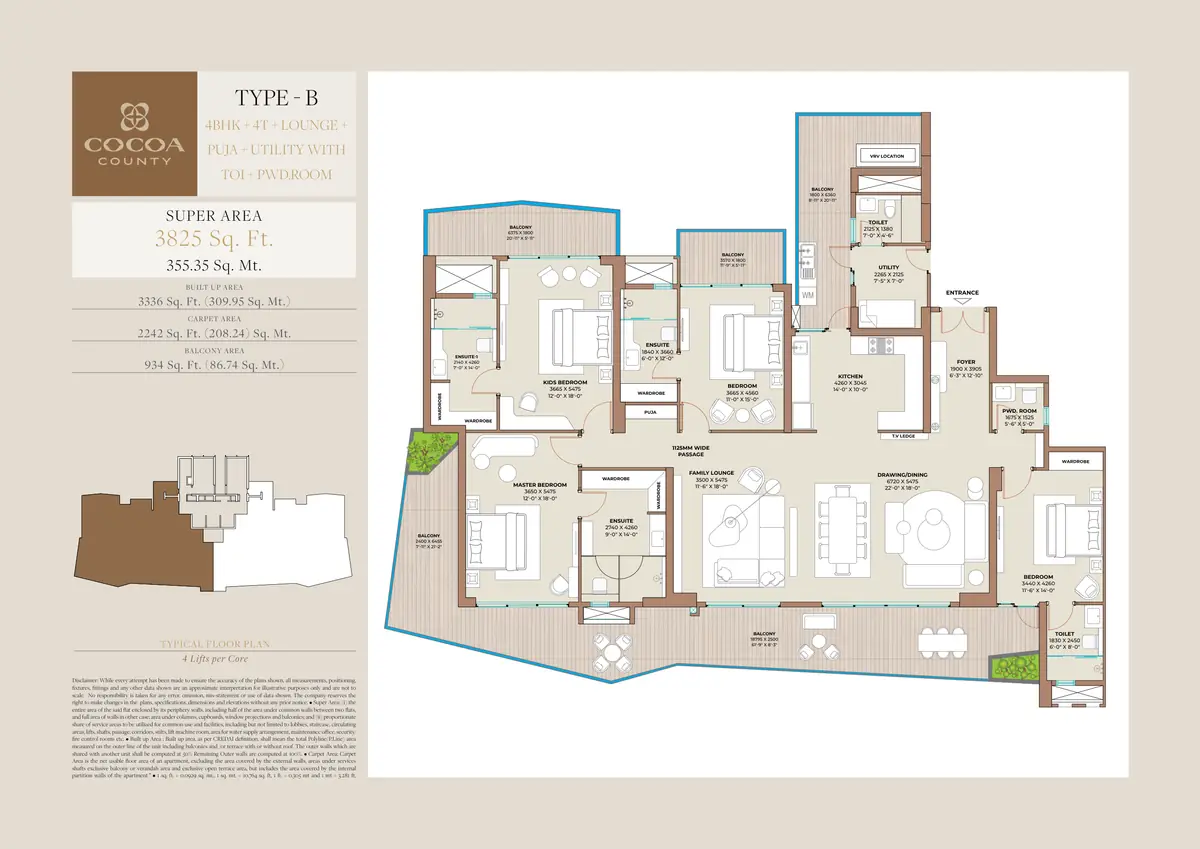 Cocoa County Type B 4 BHK floor plan – 3,825 sq ft