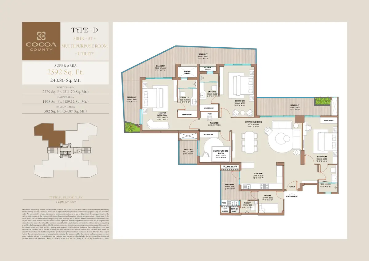 Cocoa County Type D 3 BHK floor plan – 2,592 sq ft